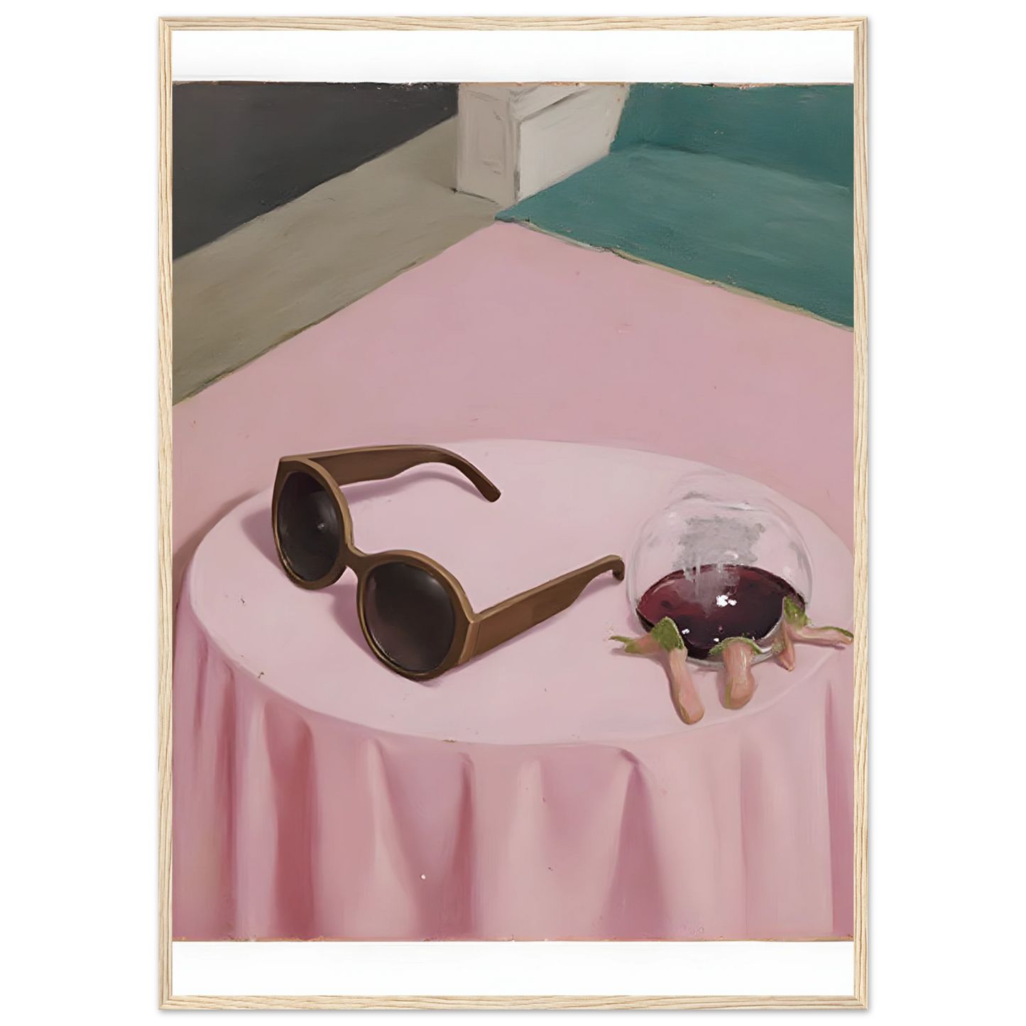 Chic curious nightcap by anya trut modern art print with sunglasses and spilled drink in your choice of frame art print in a Black frame size A1 (59.4 x 84.1  cm) affordable wall art by Art Aunty NZ