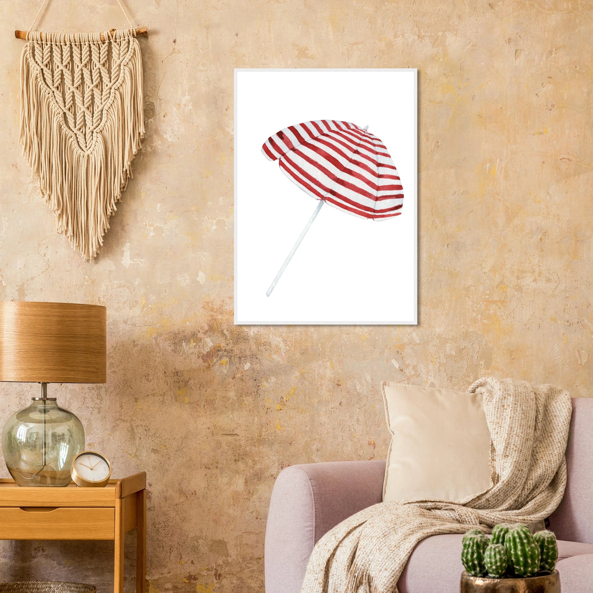 Summer stripes beach umbrella art print by anya trut coastal chic wall decor in multiple sizes frames art print in a  size  affordable wall art by Art Aunty NZ