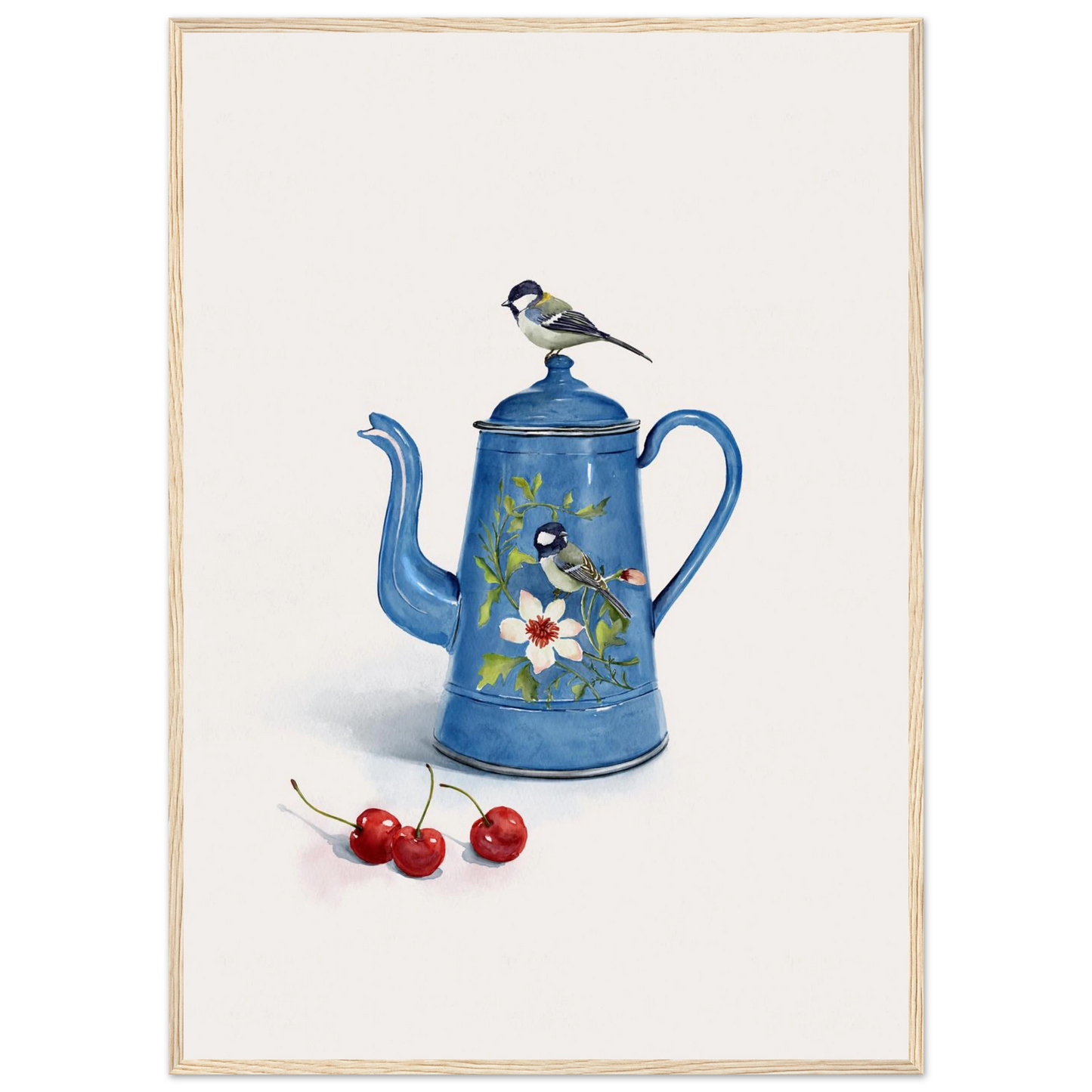 Charming blue bird enamel kettle art print by ioana horvat choose your size frame art print in a White frame size A1 (59.4 x 84.1  cm) affordable wall art by Art Aunty NZ