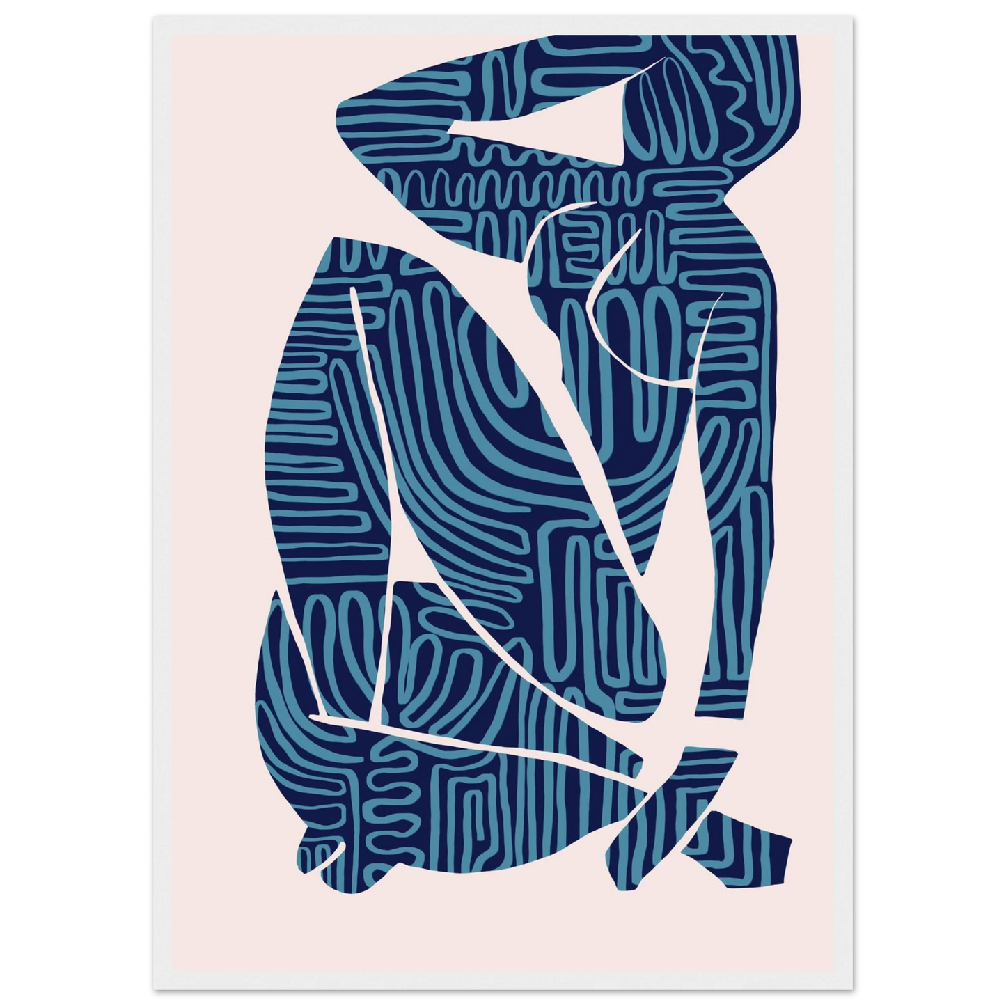 Abstract figurative blue navy art print reclining dream by ioana horvat art print in a Black frame size 21x29.7 cm / 8x12" affordable wall art by Art Aunty NZ