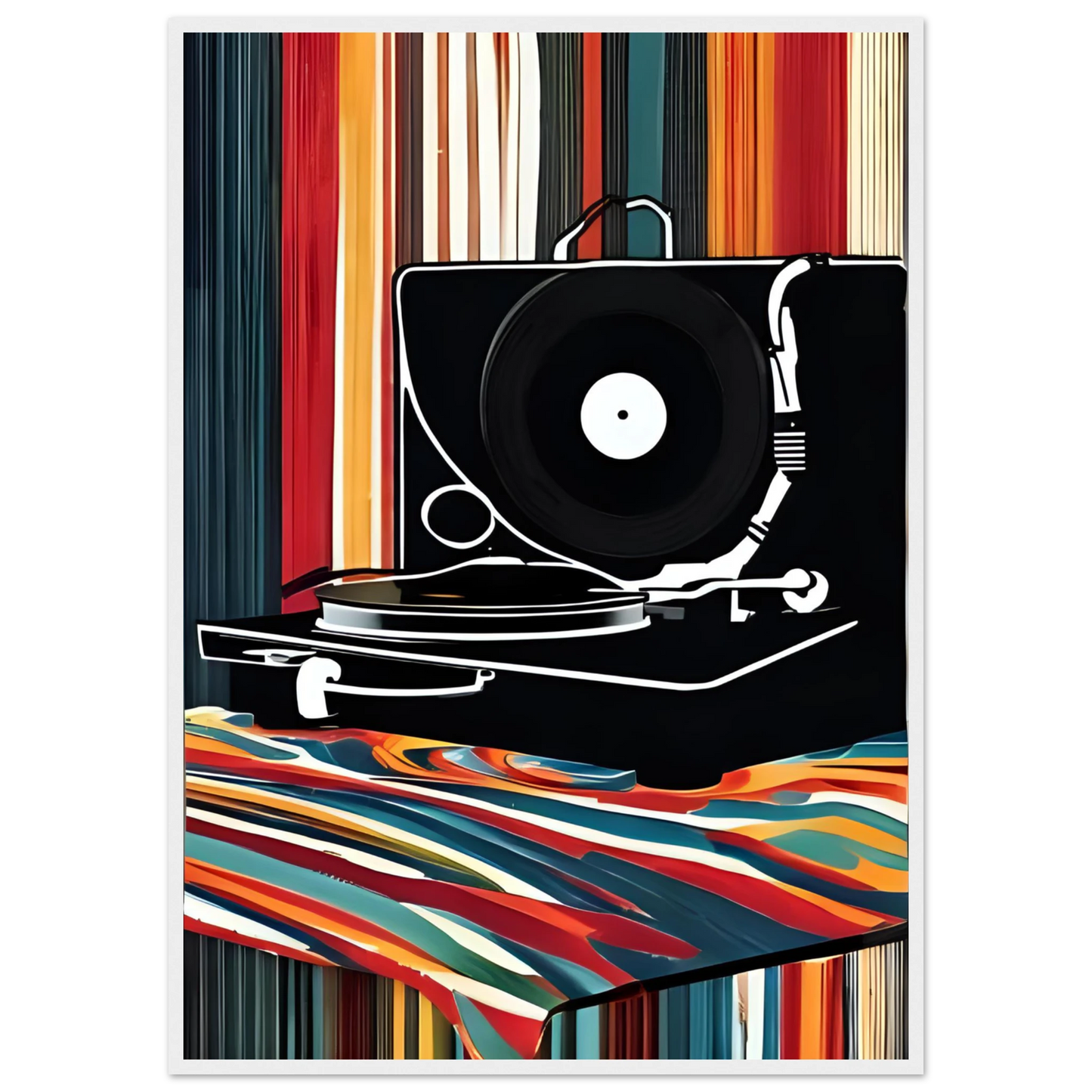 Retro groove record player framed poster vibrant pop art for your home multiple sizes frames art print in a White frame size 21x29.7 cm / 8x12" affordable wall art by Art Aunty NZ
