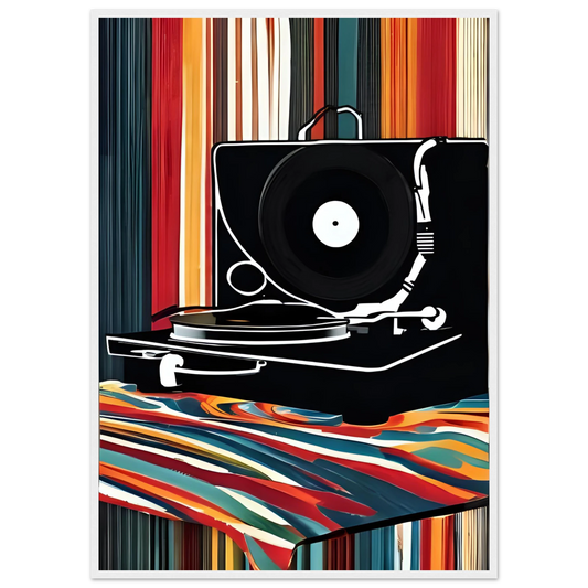 Retro groove record player framed poster vibrant pop art for your home multiple sizes frames art print in a White frame size 21x29.7 cm / 8x12" affordable wall art by Art Aunty NZ