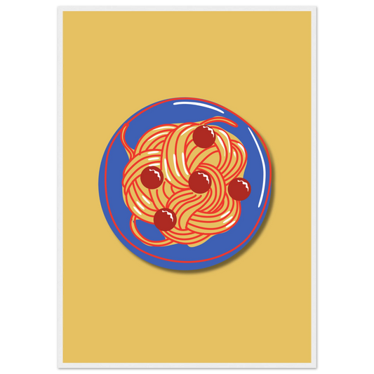 Spaghetti meatballs pop art print the delightful dish by anya trut vibrant kitchen wall art art print in a White frame size 21x29.7 cm / 8x12" affordable wall art by Art Aunty NZ