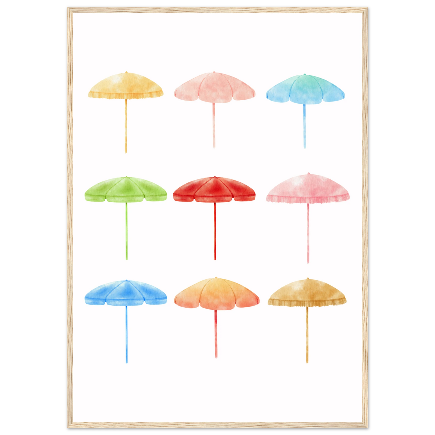 Summer shades playful watercolor beach umbrellas art print by anya trut choose your size frame art print in a Black frame size A1 (59.4 x 84.1  cm) affordable wall art by Art Aunty NZ