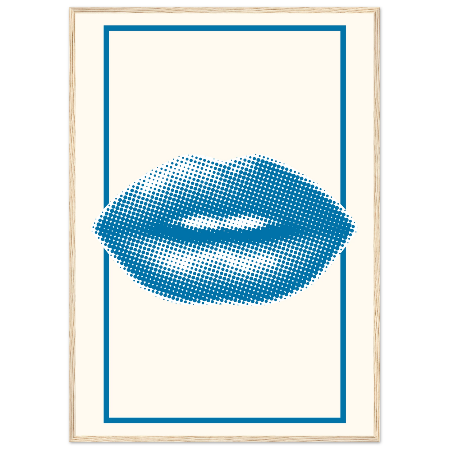 Blue kiss pop art lips print halftone digital art by anya trut in your choice of frame size art print in a Black frame size A1 (59.4 x 84.1  cm) affordable wall art by Art Aunty NZ