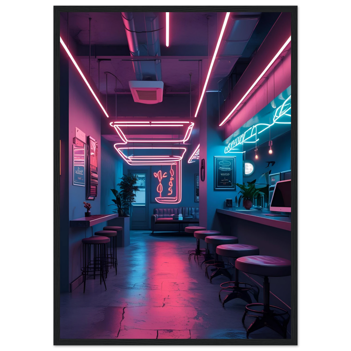 Neon dreams retro cafe art print by anya trut choose your size frame for a cyberpunk vibe art print in a Wood frame size 21x29.7 cm / 8x12" affordable wall art by Art Aunty NZ