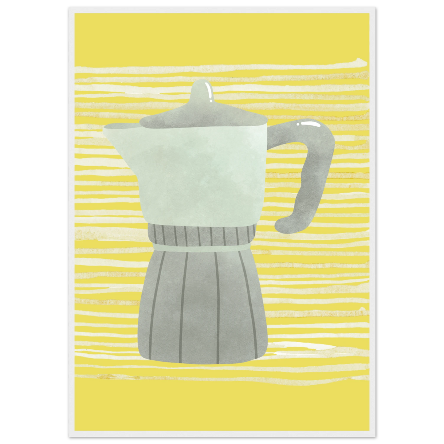 Moka pot morning vibrant yellow grey art print by anya trut available in multiple sizes and frames art print in a White frame size 21x29.7 cm / 8x12" affordable wall art by Art Aunty NZ