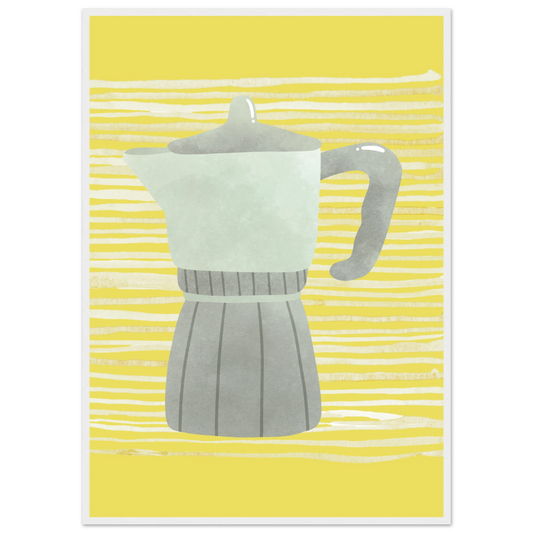 Moka pot morning vibrant yellow grey art print by anya trut available in multiple sizes and frames art print in a White frame size 21x29.7 cm / 8x12" affordable wall art by Art Aunty NZ