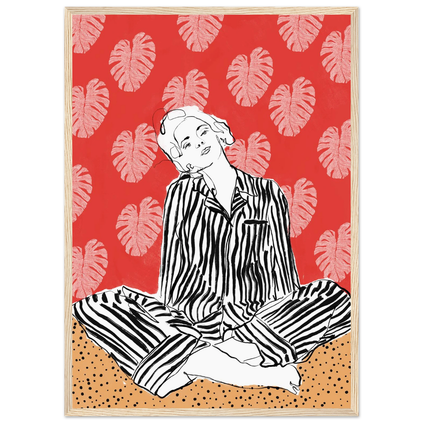 Red boho chic tropical leaf art print elevate your space with vibrant style bohemian flair art print in a Black frame size A1 (59.4 x 84.1  cm) affordable wall art by Art Aunty NZ