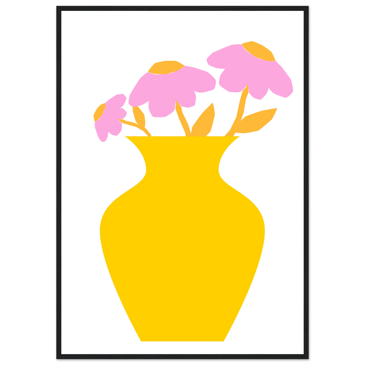 Minimalist pink yellow floral vase art print modern playful decor in your choice of size and frame art print in a Black frame size A2 (42 x 59.4  cm) affordable wall art by Art Aunty NZ