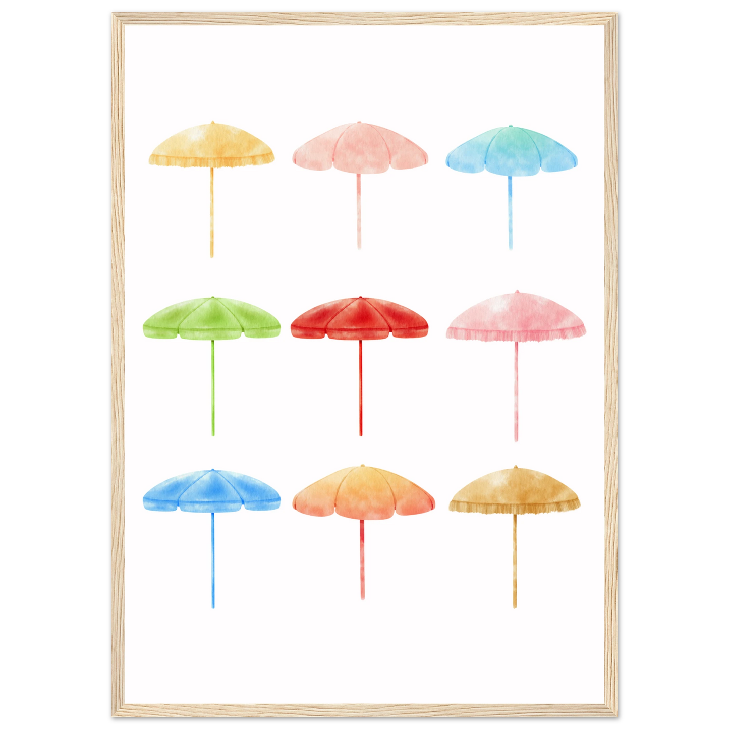 Summer shades playful watercolor beach umbrellas art print by anya trut choose your size frame art print in a White frame size A1 (59.4 x 84.1  cm) affordable wall art by Art Aunty NZ