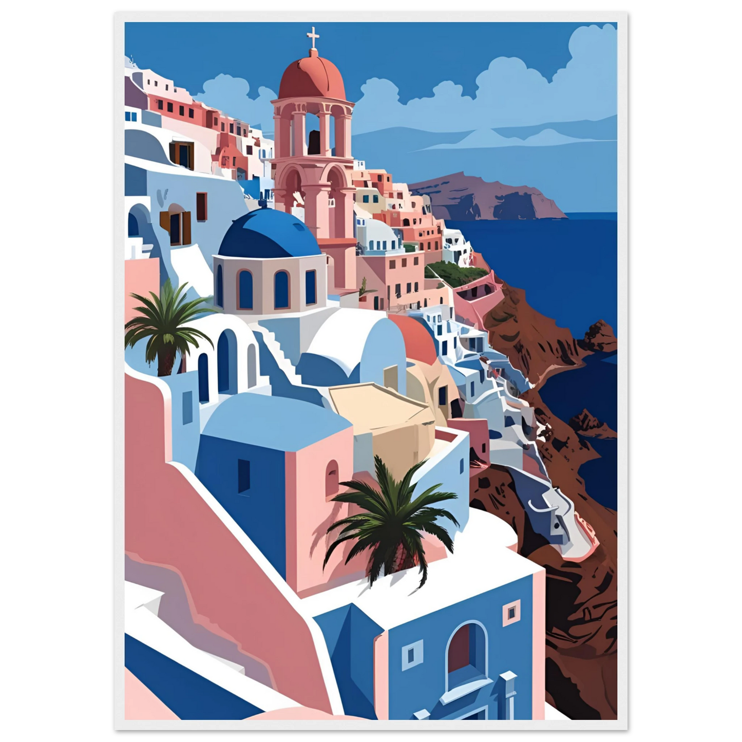 Santorini serenity art print coastal greece inspired decor by anya trut choose your size frame art print in a White frame size 21x29.7 cm / 8x12" affordable wall art by Art Aunty NZ