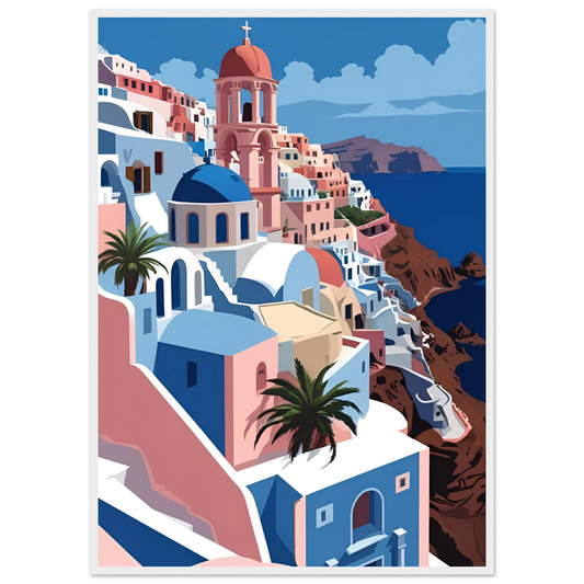 Santorini serenity art print coastal greece inspired decor by anya trut choose your size frame art print in a White frame size 21x29.7 cm / 8x12" affordable wall art by Art Aunty NZ
