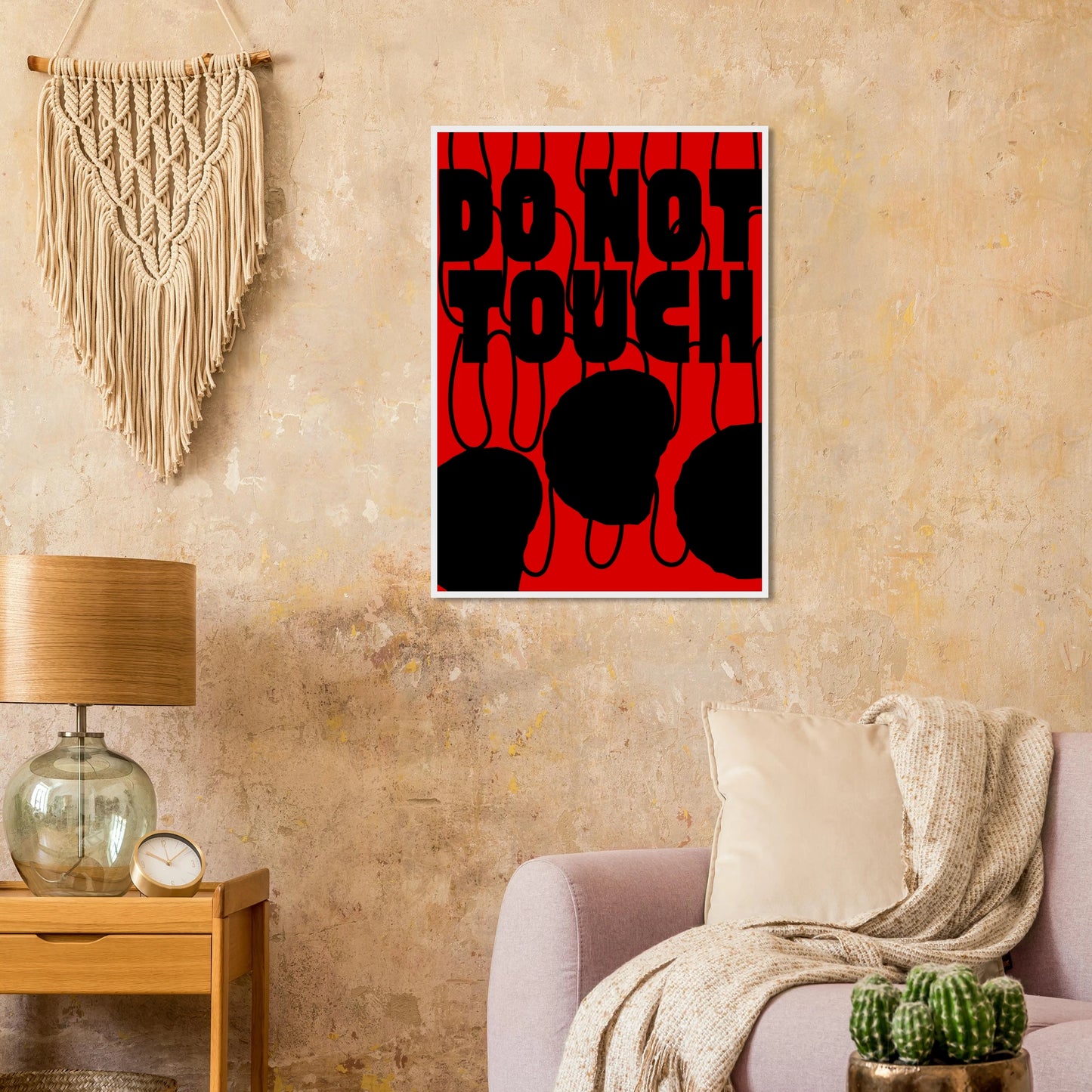 Bold do not touch statement art print contemporary red black design by anya trut in your choice of size frame art print in a  size  affordable wall art by Art Aunty NZ