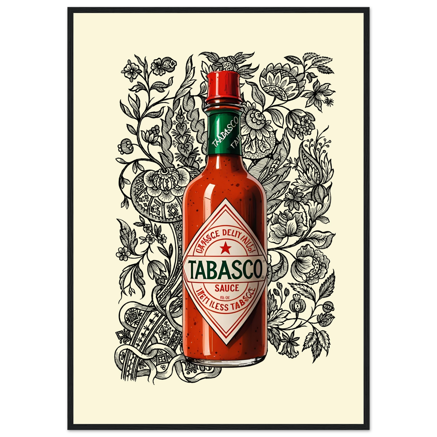 Tabasco sauce pop art bold spicy wall art by anya trut choose your size frame art print in a Black frame size A2 (42 x 59.4  cm) affordable wall art by Art Aunty NZ