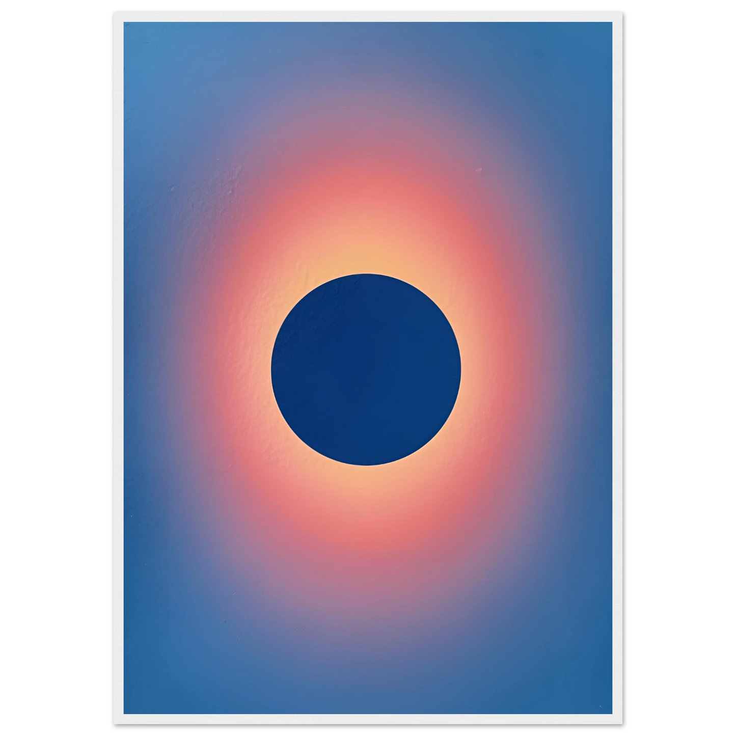 Cosmic eclipse gradient art print celestial blue sunset glow wall decor by anya trut multiple sizes and frames art print in a White frame size 21x29.7 cm / 8x12" affordable wall art by Art Aunty NZ