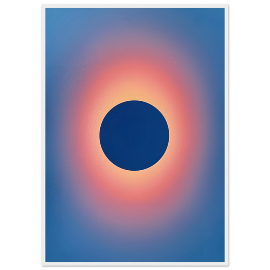 Cosmic eclipse gradient art print celestial blue sunset glow wall decor by anya trut multiple sizes and frames art print in a White frame size 21x29.7 cm / 8x12" affordable wall art by Art Aunty NZ