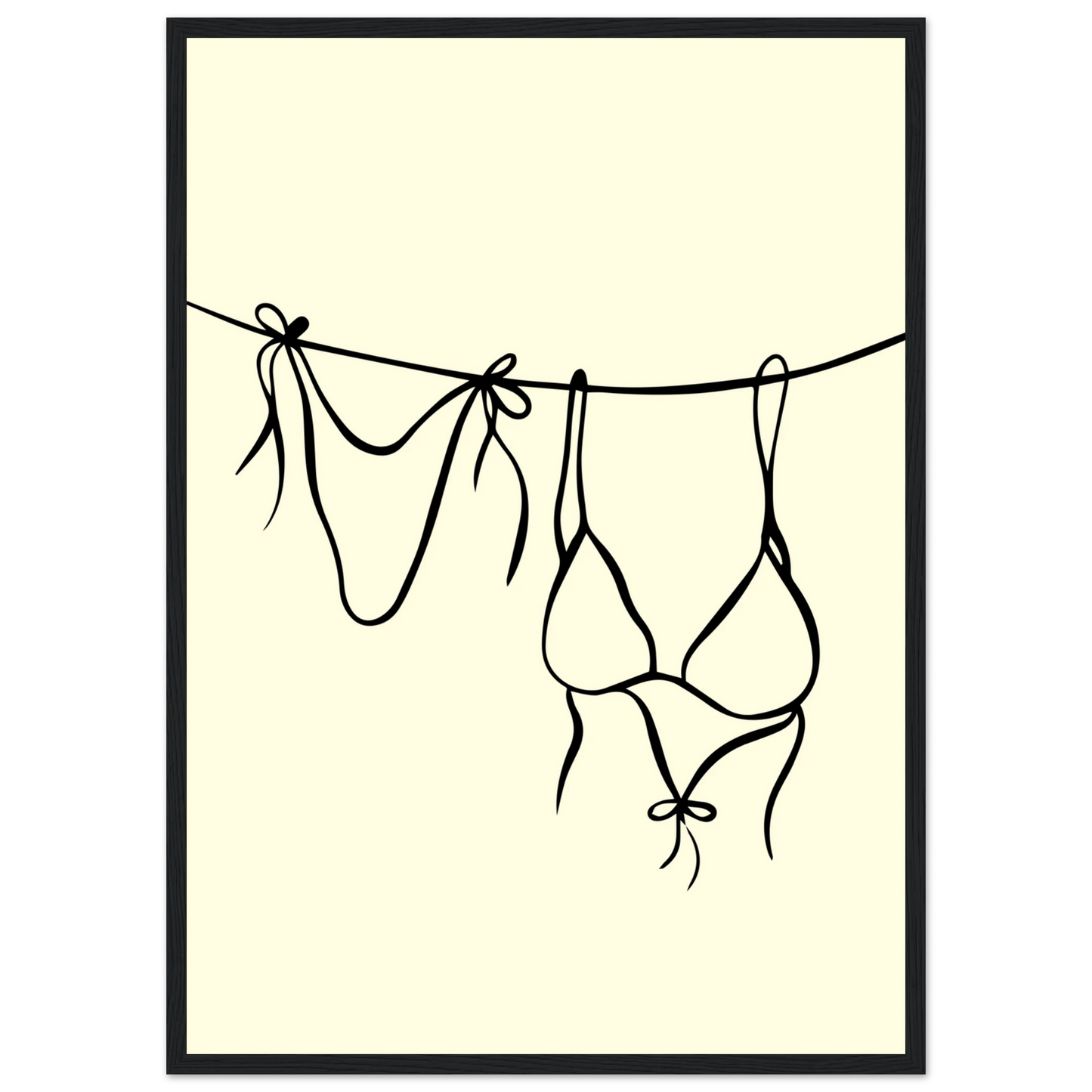 Bikini line art print minimalist swimwear wall art by anya trut available in multiple sizes and frame styles art print in a Wood frame size 21x29.7 cm / 8x12" affordable wall art by Art Aunty NZ