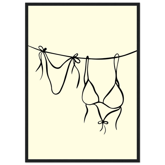 Bikini line art print minimalist swimwear wall art by anya trut available in multiple sizes and frame styles art print in a Wood frame size 21x29.7 cm / 8x12" affordable wall art by Art Aunty NZ