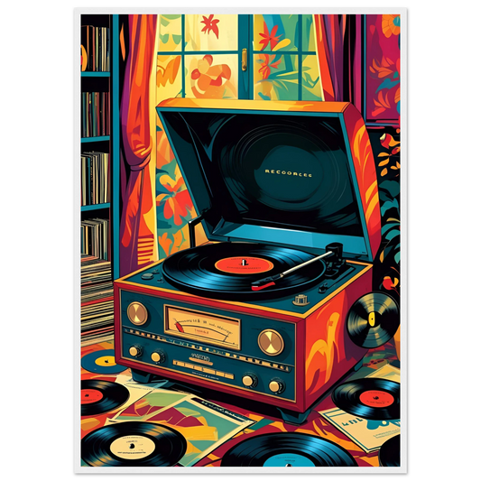 Colorful retro record player framed poster choose your size frame art print in a White frame size 21x29.7 cm / 8x12" affordable wall art by Art Aunty NZ