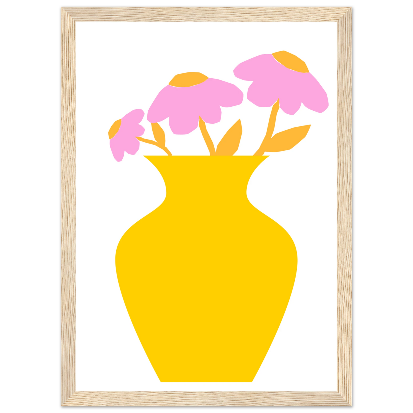 Minimalist pink yellow floral vase art print modern playful decor in your choice of size and frame art print in a Black frame size 21x29.7 cm / 8x12" affordable wall art by Art Aunty NZ