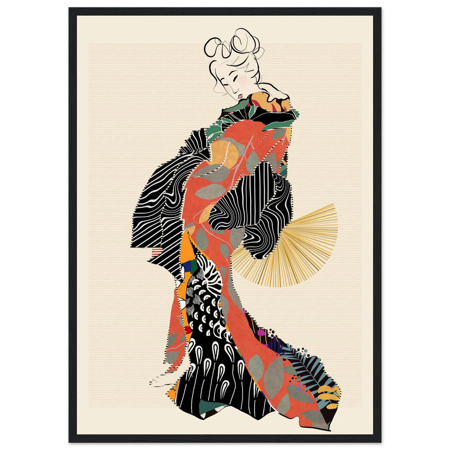 Abstract kimono geisha art print by ioana horvat vibrant patterns elegant style various sizes frames art print in a White frame size A2 (42 x 59.4  cm) affordable wall art by Art Aunty NZ