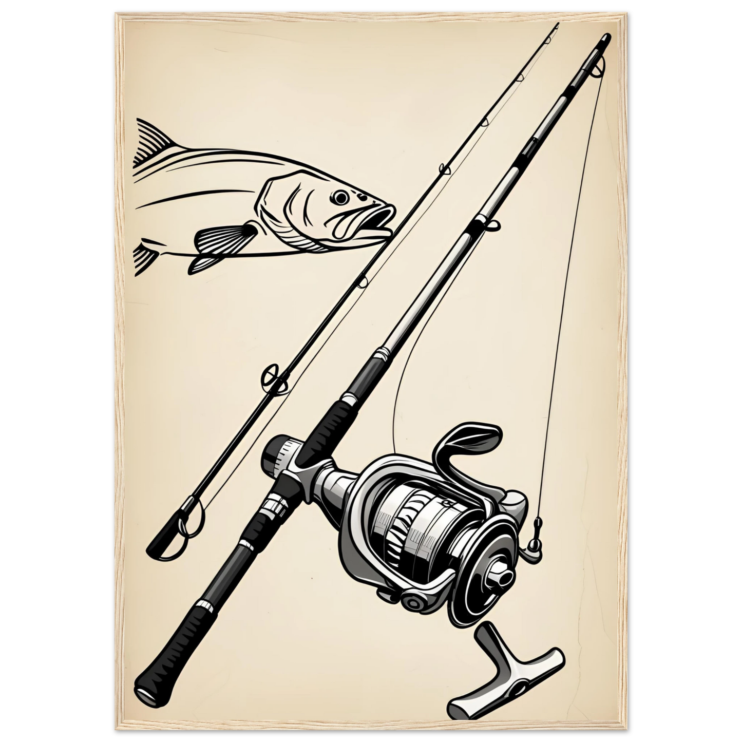 Classic fishing rod reel with bass design art print for anglers outdoors enthusiasts art print in a Black frame size A1 (59.4 x 84.1  cm) affordable wall art by Art Aunty NZ