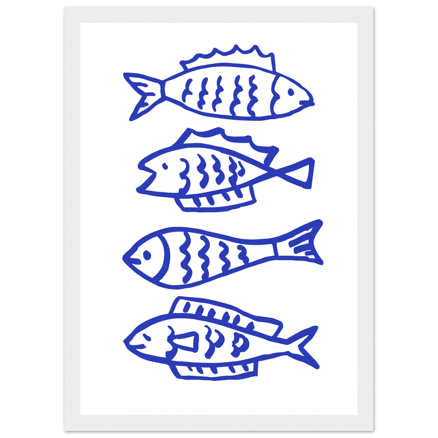 Abstract blue fish line art print by anya trut nautical charm for your home framed sized to perfection art print in a Wood frame size A1 (59.4 x 84.1  cm) affordable wall art by Art Aunty NZ