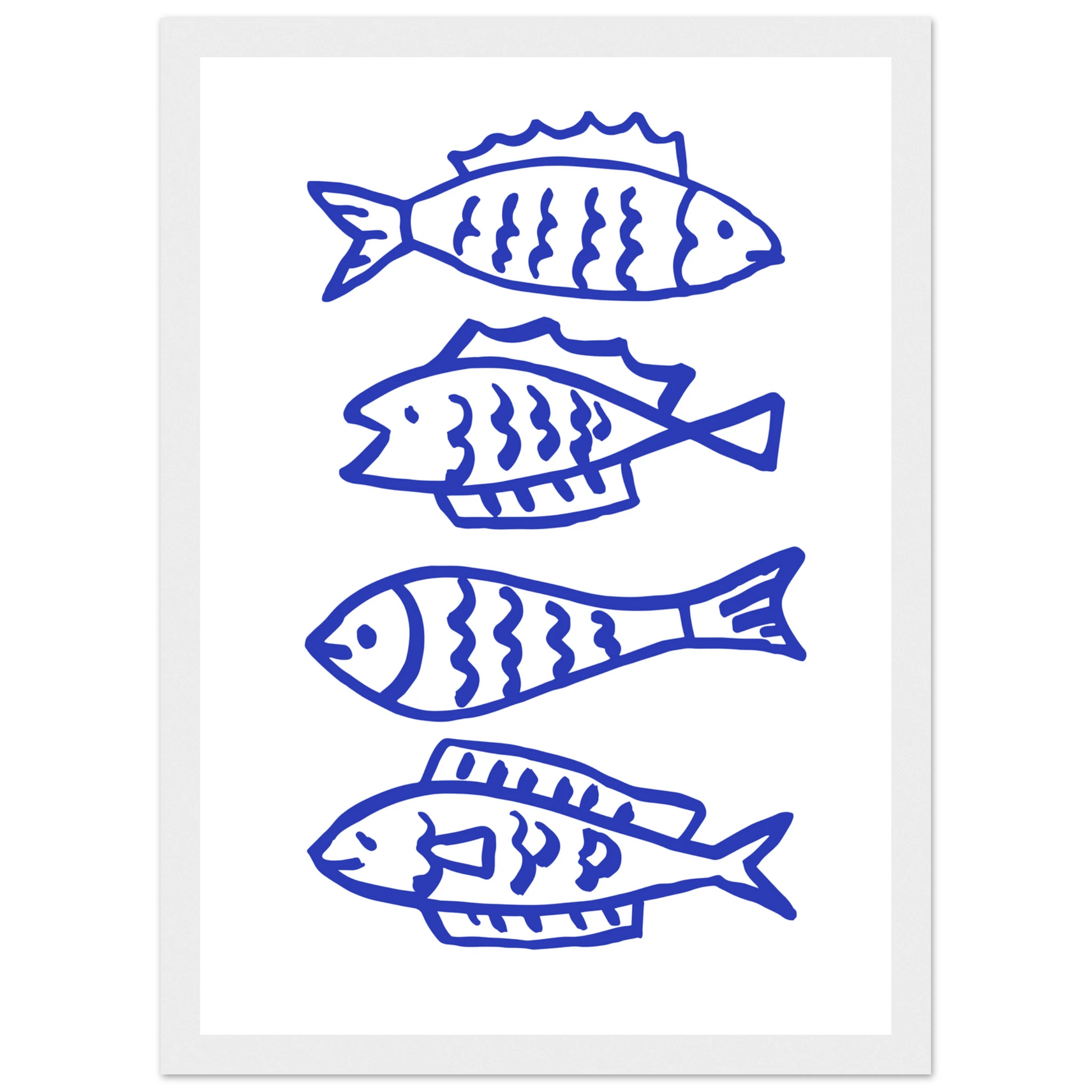 Abstract blue fish line art print by anya trut nautical charm for your home framed sized to perfection art print in a Wood frame size A1 (59.4 x 84.1  cm) affordable wall art by Art Aunty NZ