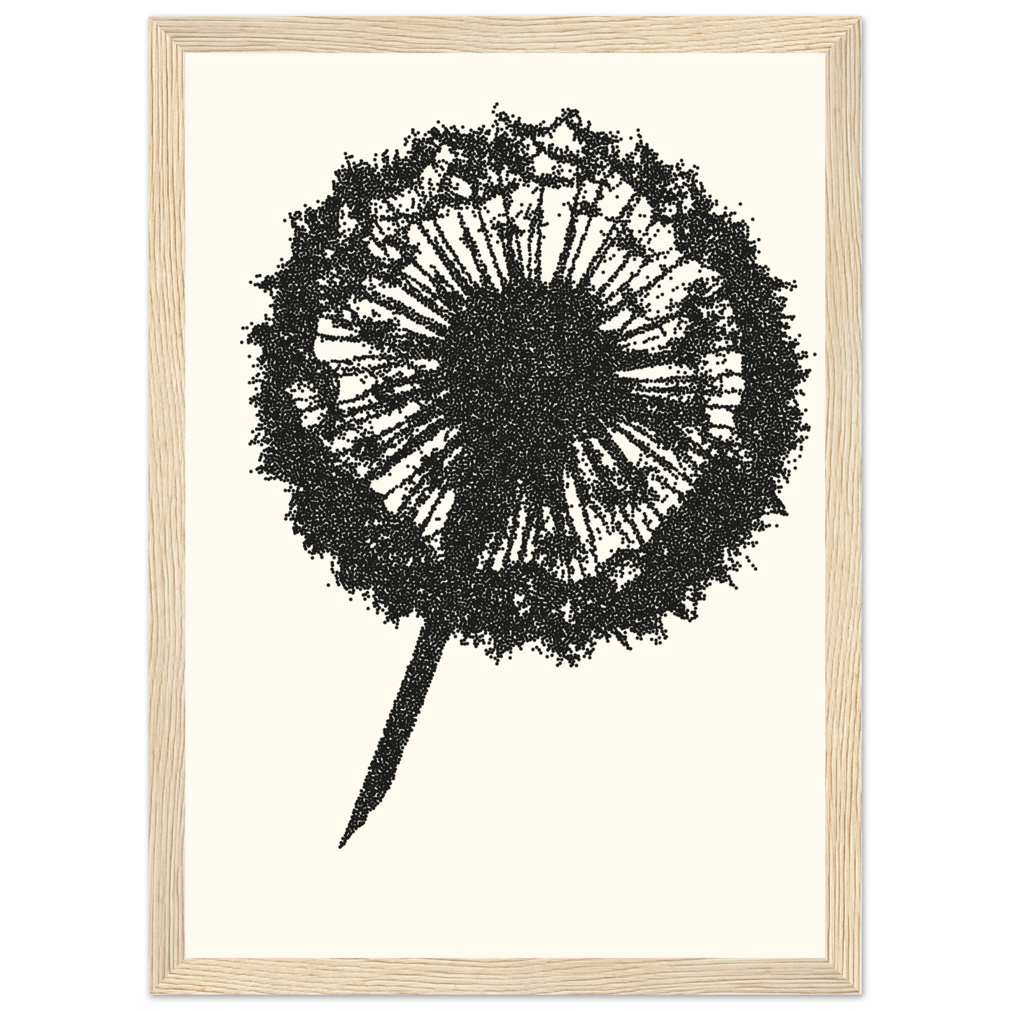 Abstract dandelion seed head art print by anya trut minimalist dot work wall decor in your choice of size frame art print in a Black frame size 21x29.7 cm / 8x12" affordable wall art by Art Aunty NZ