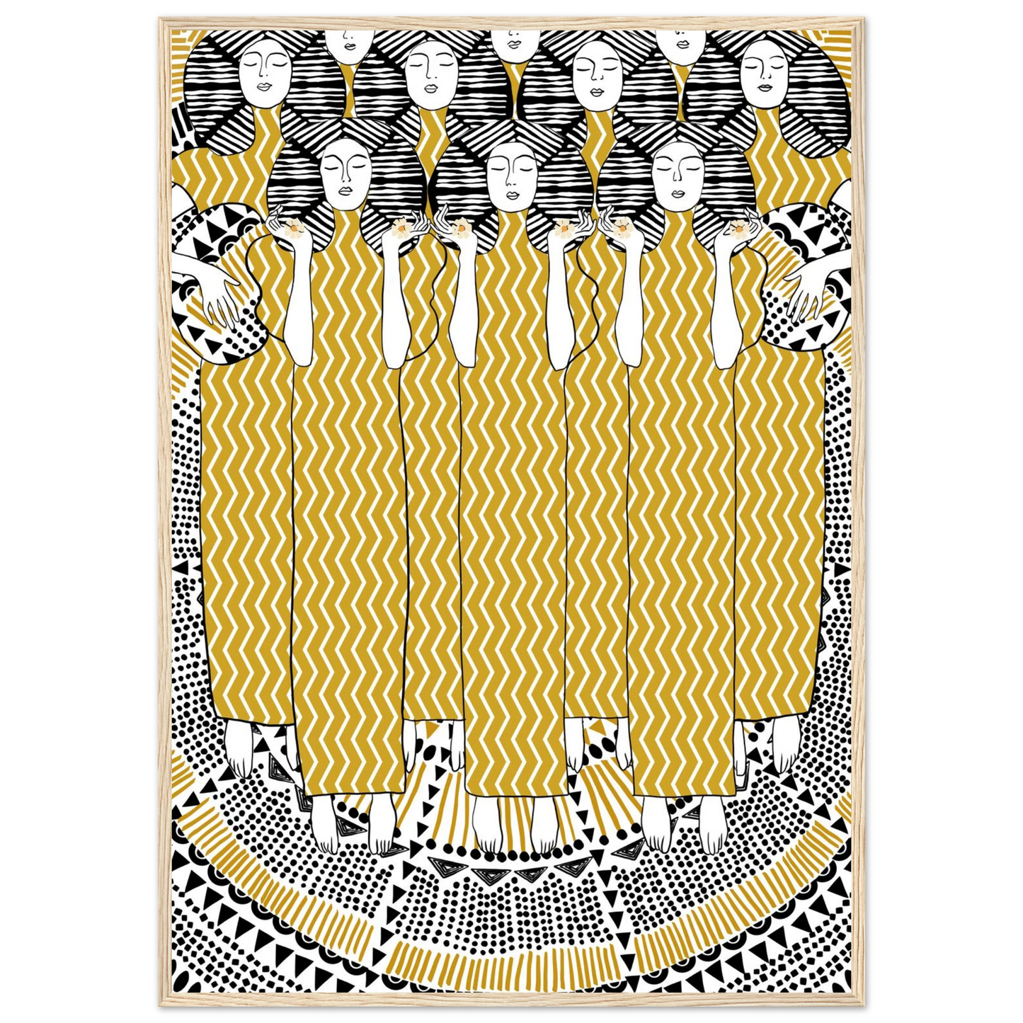 Golden women art print bohemian serenity with geometric patterns your choice of size frame art print in a White frame size A1 (59.4 x 84.1  cm) affordable wall art by Art Aunty NZ