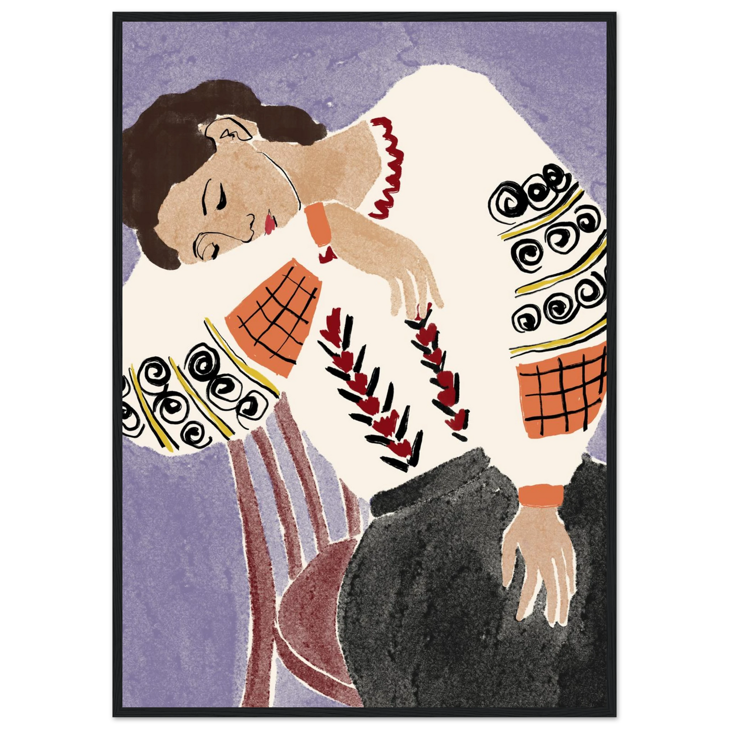 Romanian folk dreams print ioana horvat art poster in three sizes with custom frame options art print in a Wood frame size A2 (42 x 59.4  cm) affordable wall art by Art Aunty NZ