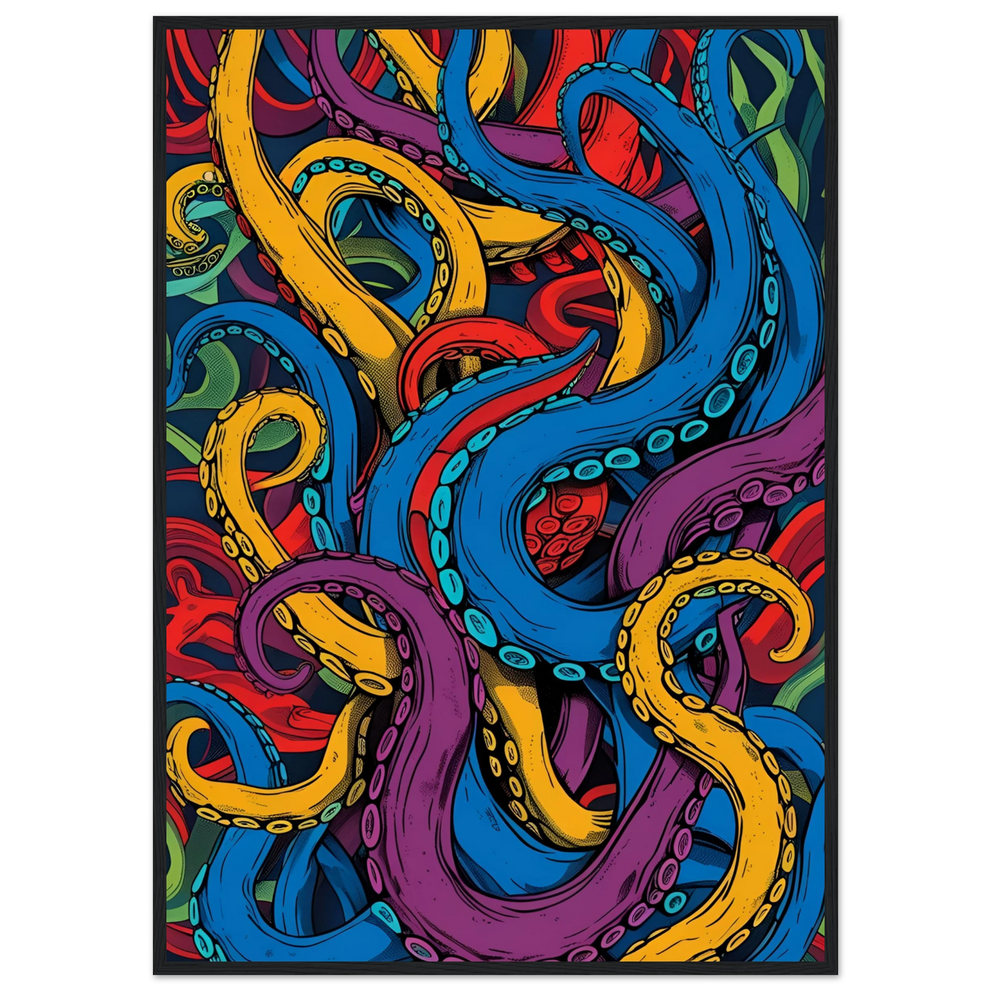 Vibrant tentacles abstract art print dynamic ocean inspired wall decor in your choice of size frame art print in a Black frame size A2 (42 x 59.4  cm) affordable wall art by Art Aunty NZ