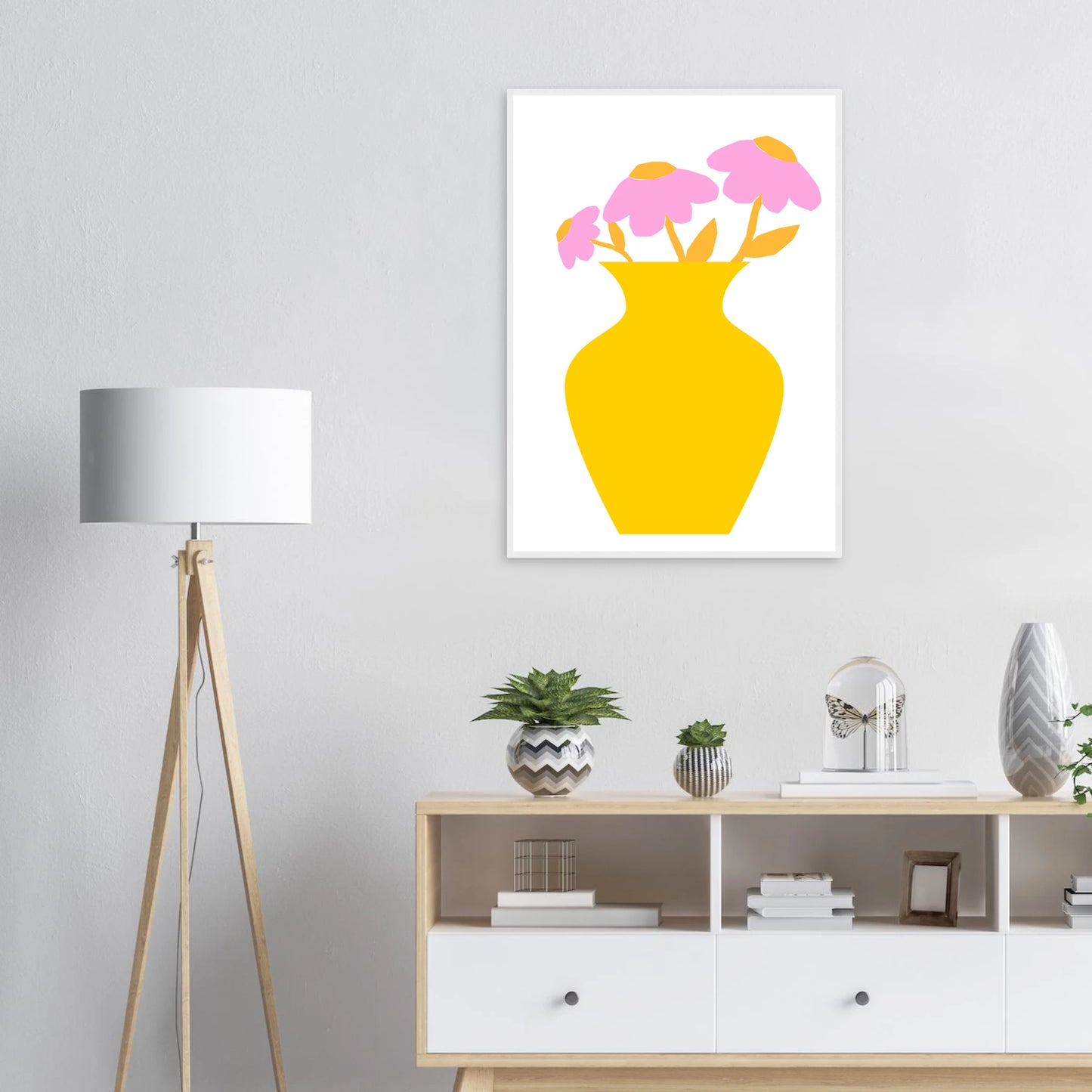 Minimalist pink yellow floral vase art print modern playful decor in your choice of size and frame art print in a  size  affordable wall art by Art Aunty NZ