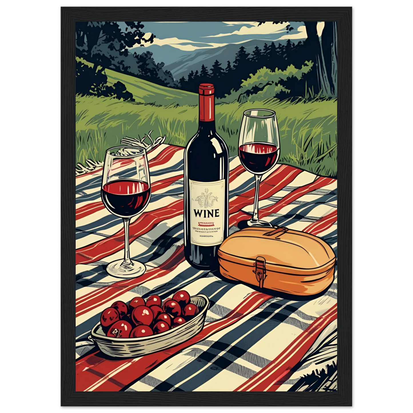 Summer picnic wine cherries serene landscape art print choose your size frame art print in a White frame size A2 (42 x 59.4  cm) affordable wall art by Art Aunty NZ
