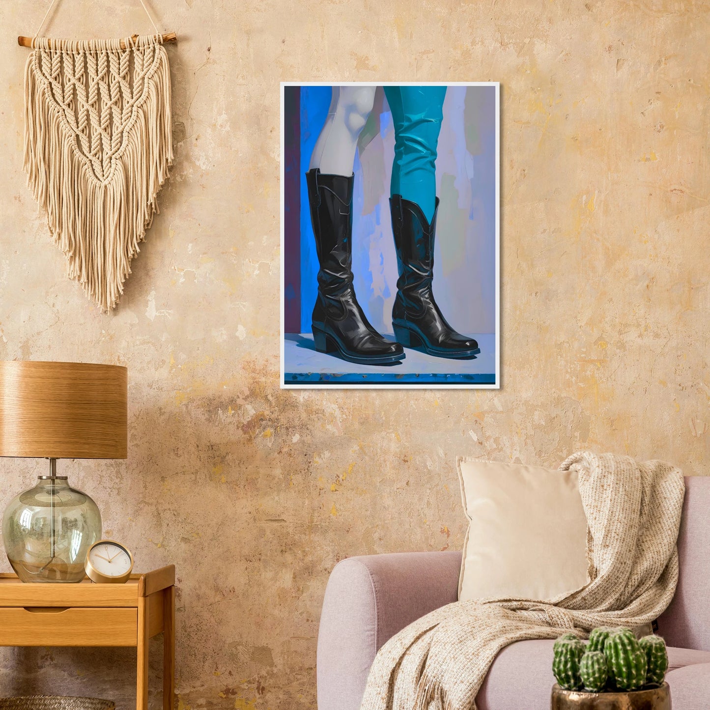 Urban cowboy boots abstract art print by anya trut striking blue black contrast customizable framed poster art print in a  size  affordable wall art by Art Aunty NZ