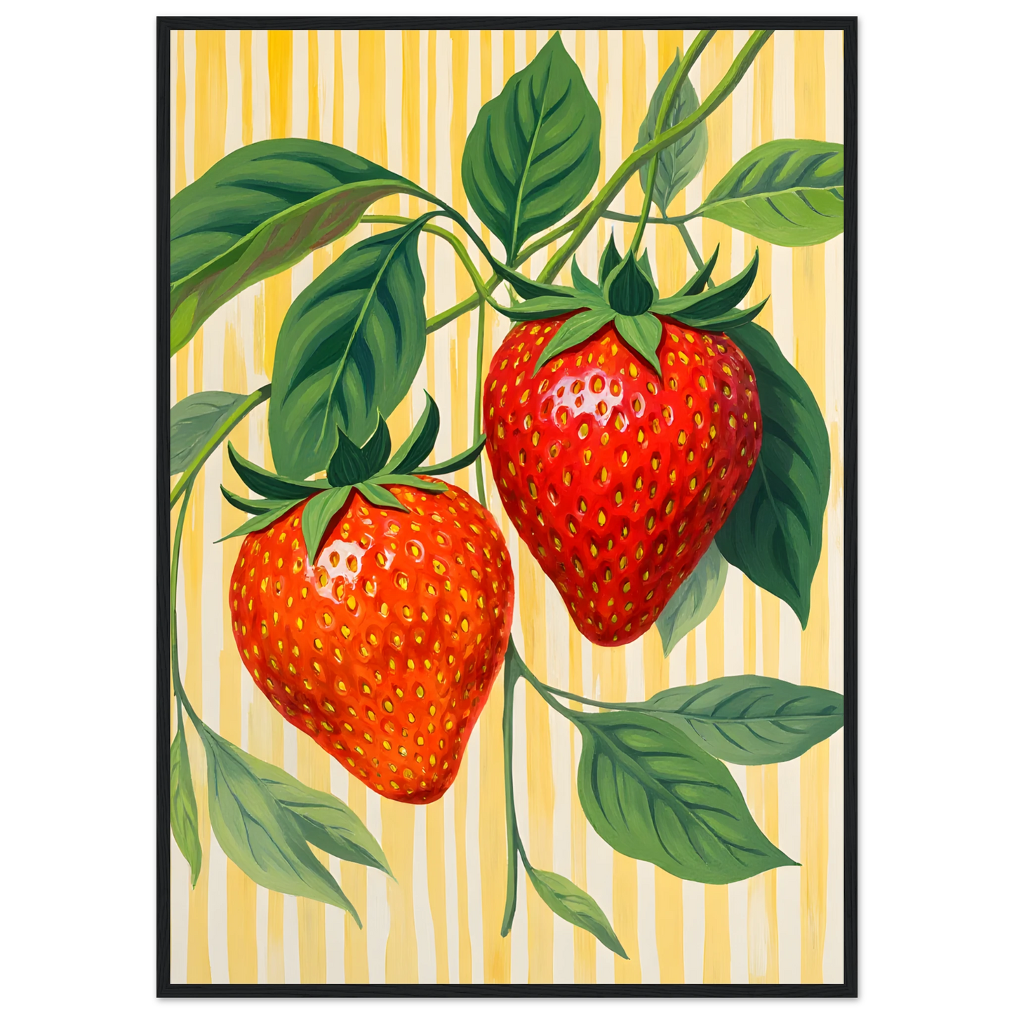 Strawberry bliss vibrant botanical art print by anya trut choose your size frame art print in a Black frame size A2 (42 x 59.4  cm) affordable wall art by Art Aunty NZ