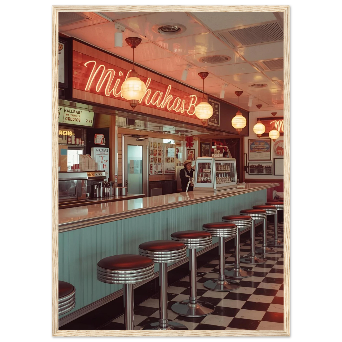 The milk bar art print in a Wood frame size A1 (59.4 x 84.1  cm) affordable wall art by Art Aunty NZ