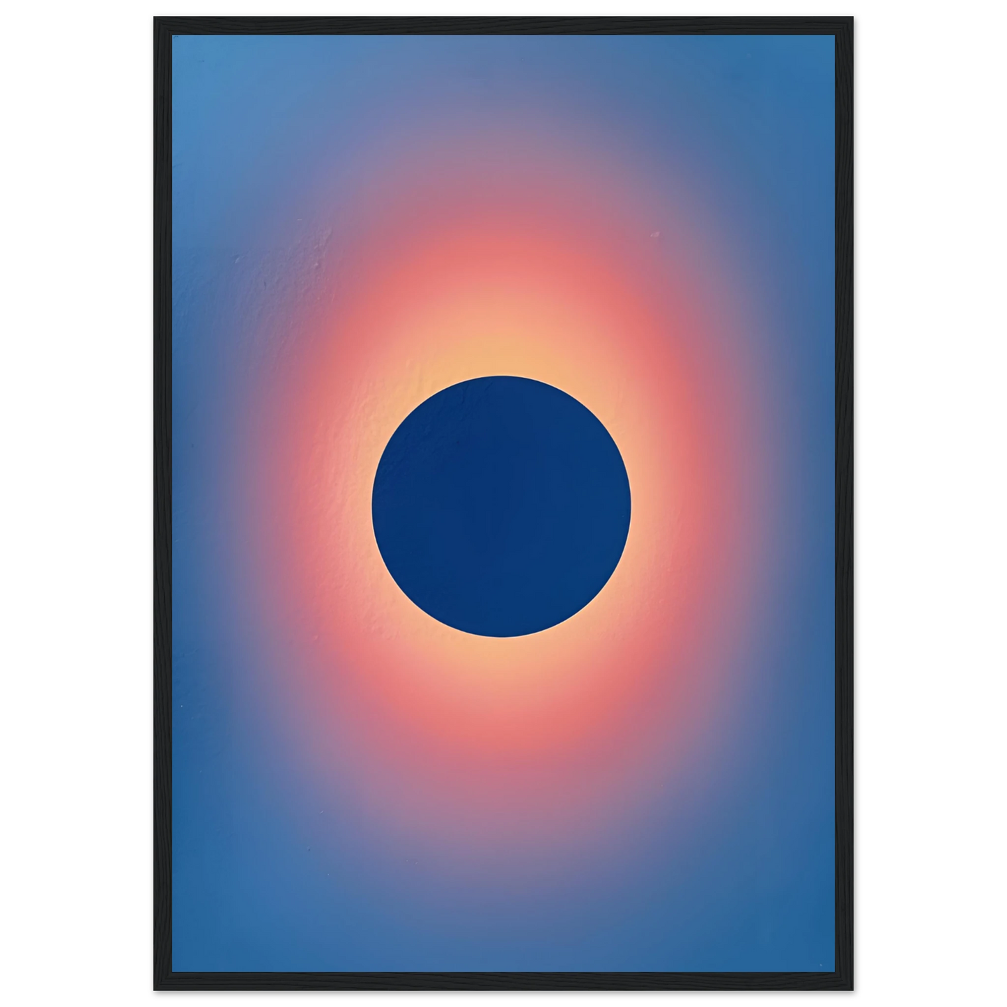 Cosmic eclipse gradient art print celestial blue sunset glow wall decor by anya trut multiple sizes and frames art print in a Wood frame size 21x29.7 cm / 8x12" affordable wall art by Art Aunty NZ