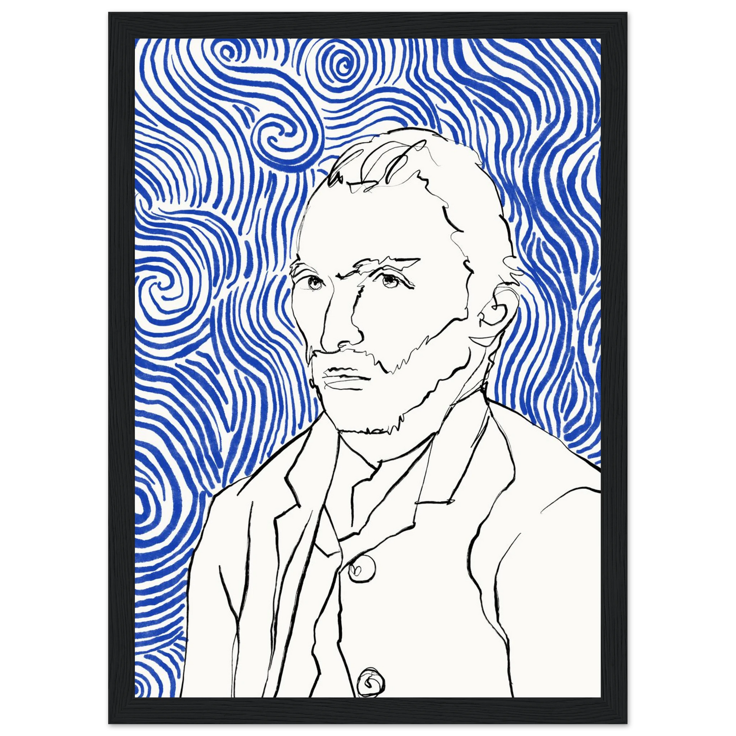 Starry night visionary framed poster iconic artist portrait with swirling blue lines by ioana horvat art print in a Wood frame size 21x29.7 cm / 8x12" affordable wall art by Art Aunty NZ