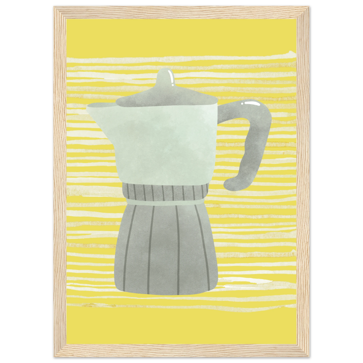Moka pot morning vibrant yellow grey art print by anya trut available in multiple sizes and frames art print in a Black frame size 21x29.7 cm / 8x12" affordable wall art by Art Aunty NZ