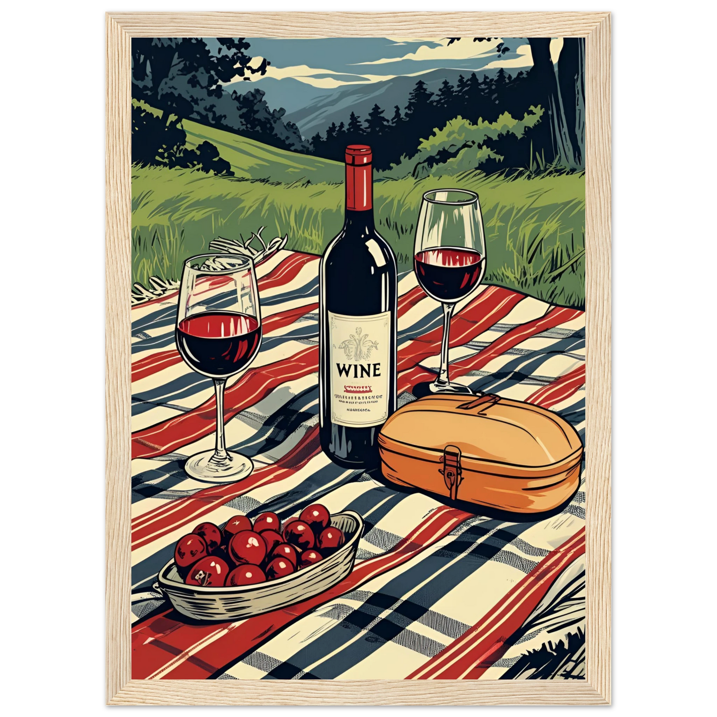 Summer picnic wine cherries serene landscape art print choose your size frame art print in a Black frame size 21x29.7 cm / 8x12" affordable wall art by Art Aunty NZ