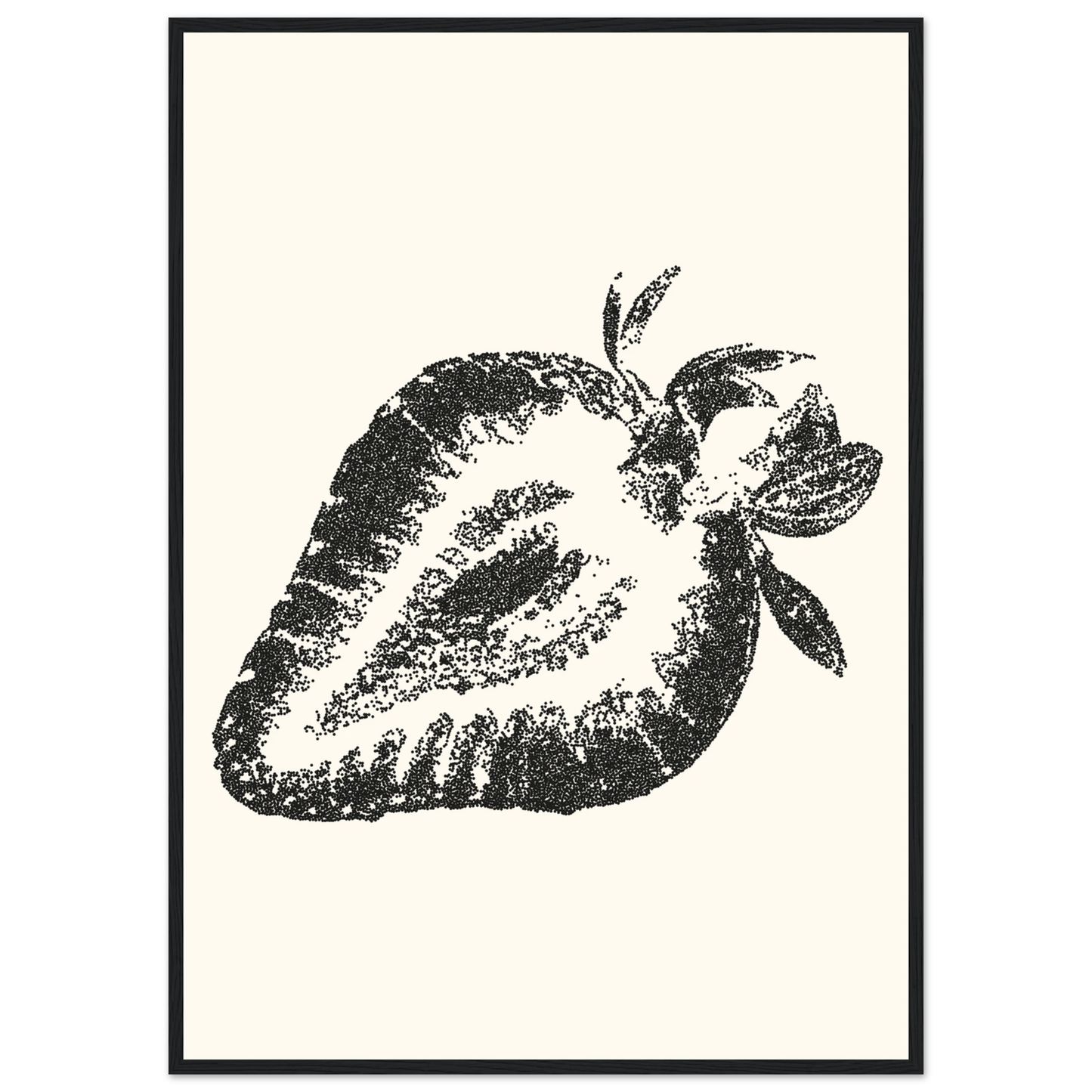 Strawberry pointillism print modern farmhouse wall art in your choice of size frame art print in a Black frame size A2 (42 x 59.4  cm) affordable wall art by Art Aunty NZ