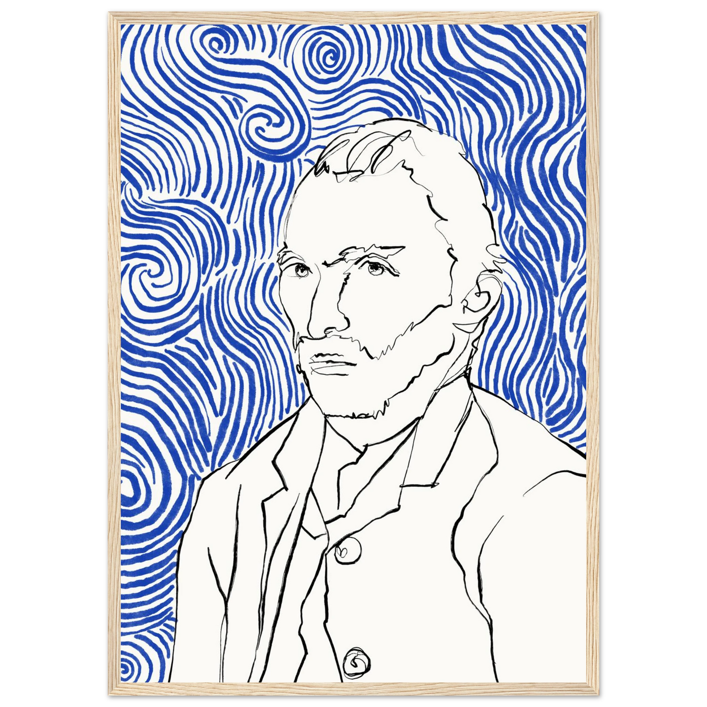 Starry night visionary framed poster iconic artist portrait with swirling blue lines by ioana horvat art print in a Black frame size A1 (59.4 x 84.1  cm) affordable wall art by Art Aunty NZ