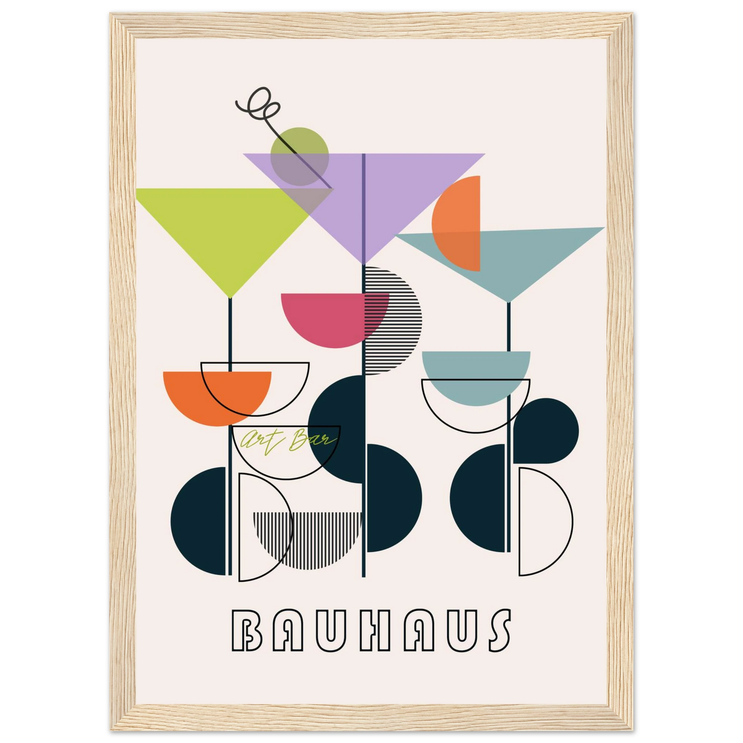 Bauhaus art bar cocktail abstract wall art print a modern geometric statement piece in your choice of frame and size art print in a Black frame size A2 (42 x 59.4  cm) affordable wall art by Art Aunty NZ