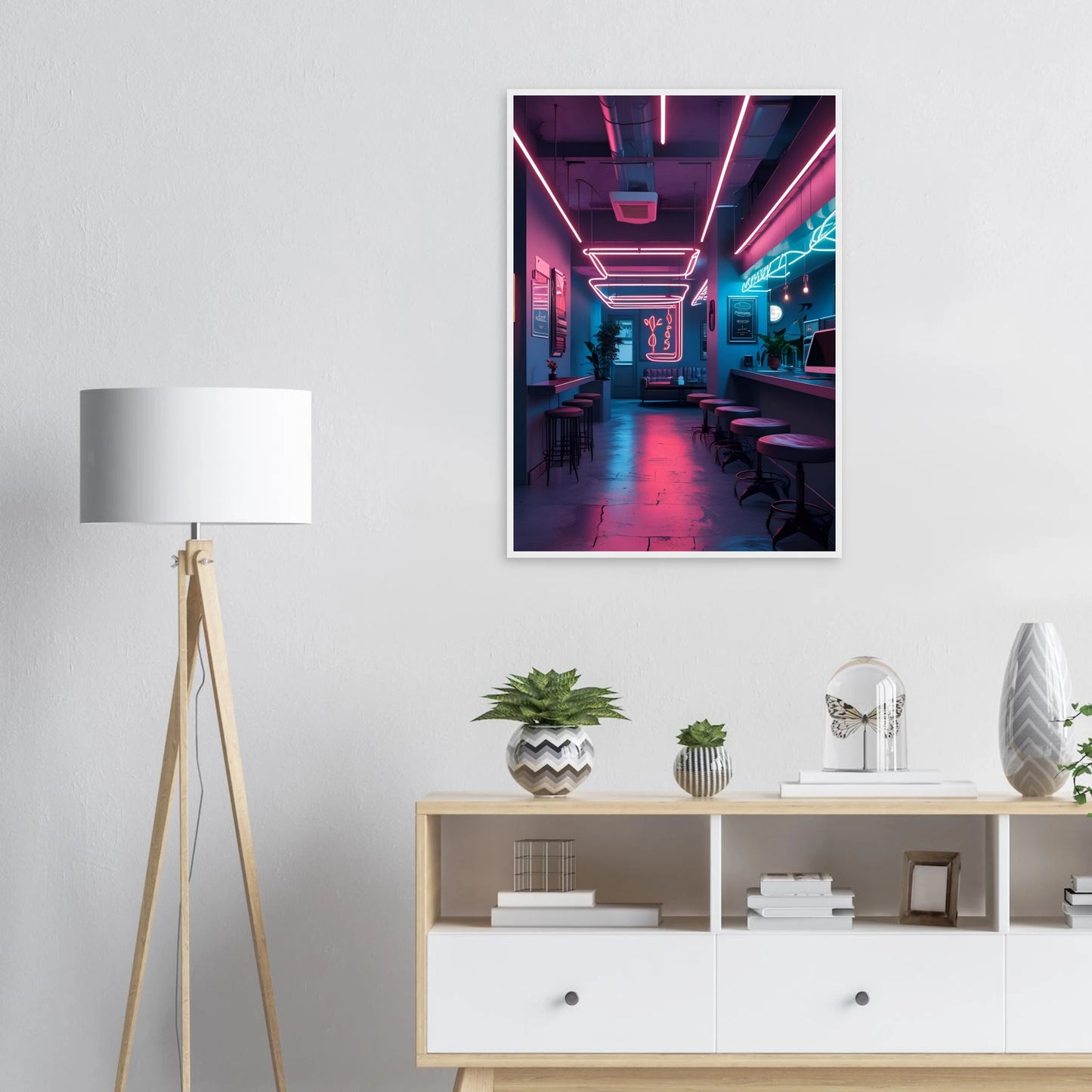 Neon dreams retro cafe art print by anya trut choose your size frame for a cyberpunk vibe art print in a  size  affordable wall art by Art Aunty NZ