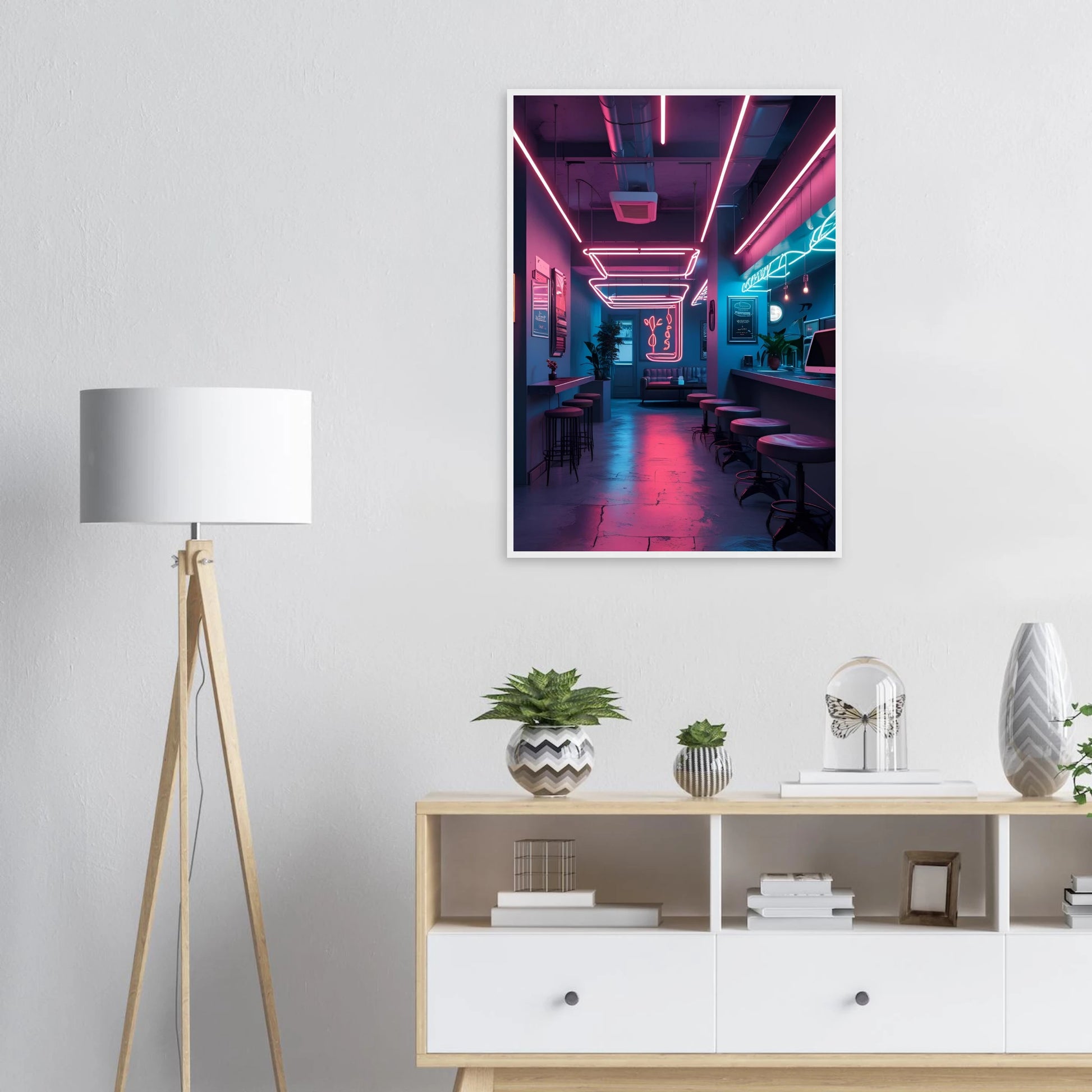 Neon dreams retro cafe art print by anya trut choose your size frame for a cyberpunk vibe art print in a  size  affordable wall art by Art Aunty NZ
