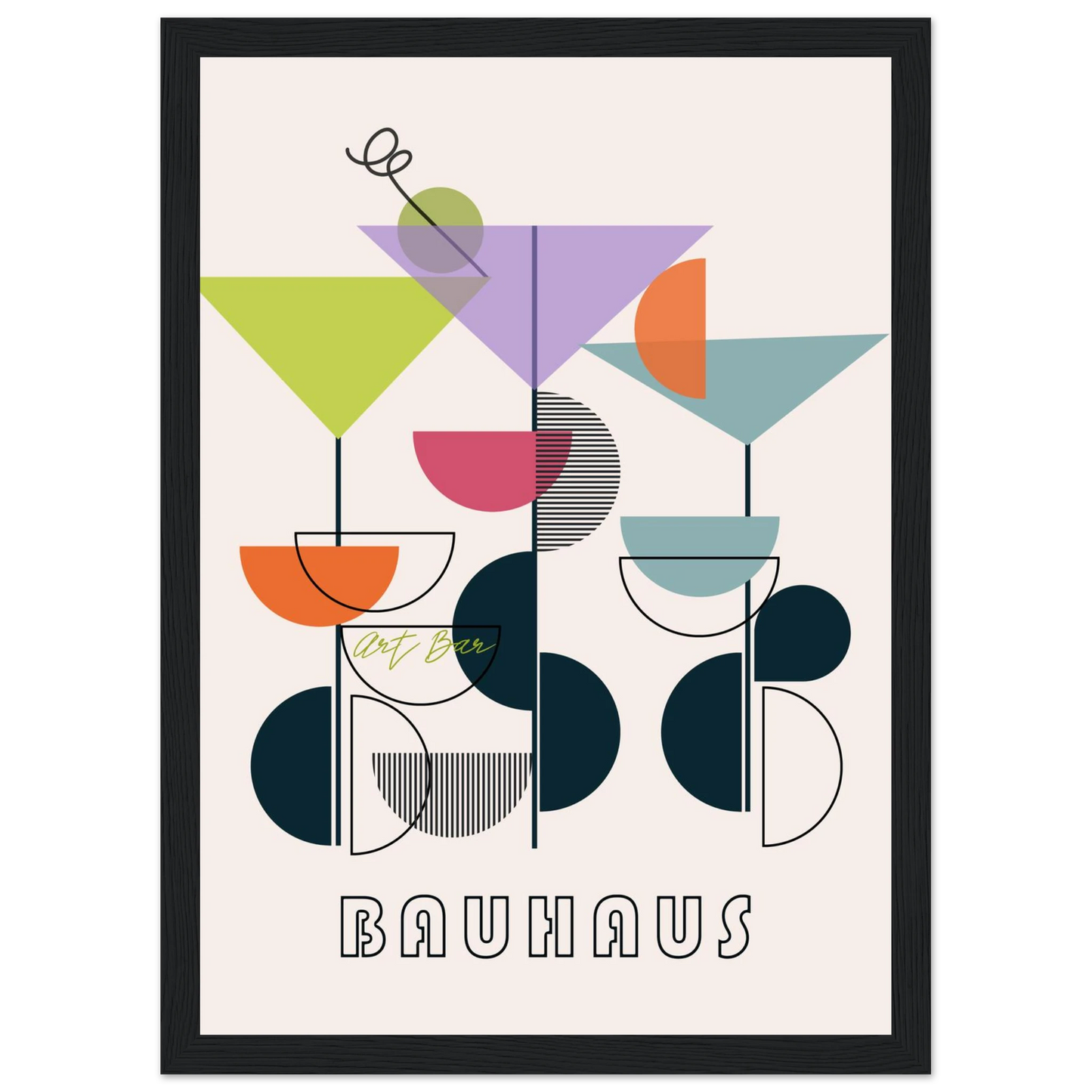 Bauhaus art bar cocktail abstract wall art print a modern geometric statement piece in your choice of frame and size art print in a Wood frame size 21x29.7 cm / 8x12" affordable wall art by Art Aunty NZ