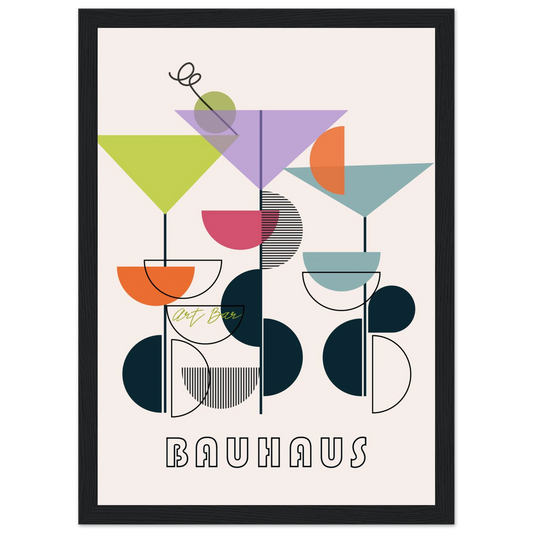 Bauhaus art bar cocktail abstract wall art print a modern geometric statement piece in your choice of frame and size art print in a Wood frame size 21x29.7 cm / 8x12" affordable wall art by Art Aunty NZ