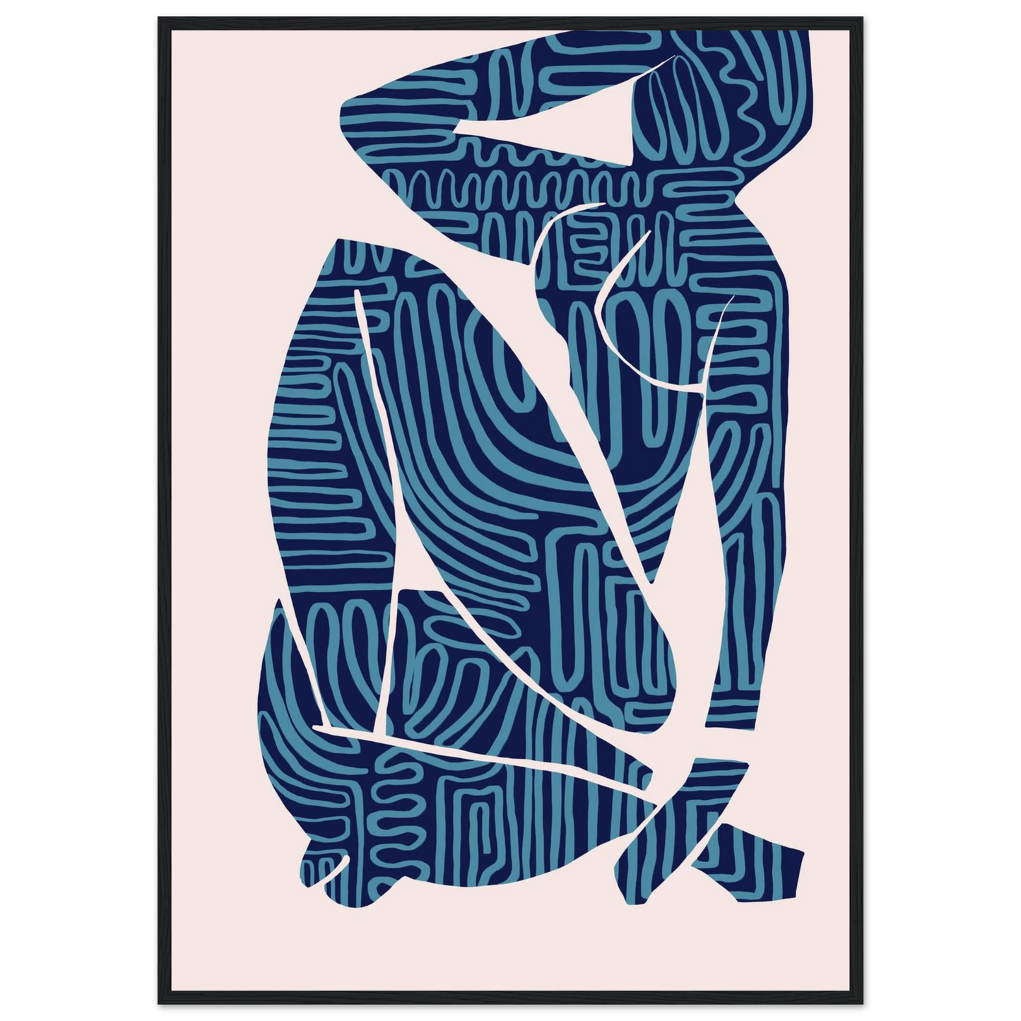 Abstract figurative blue navy art print reclining dream by ioana horvat art print in a Wood frame size A2 (42 x 59.4  cm) affordable wall art by Art Aunty NZ